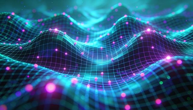 Neon wireframe waves with glowing magenta nodes for ai data visualization and futuristic grid