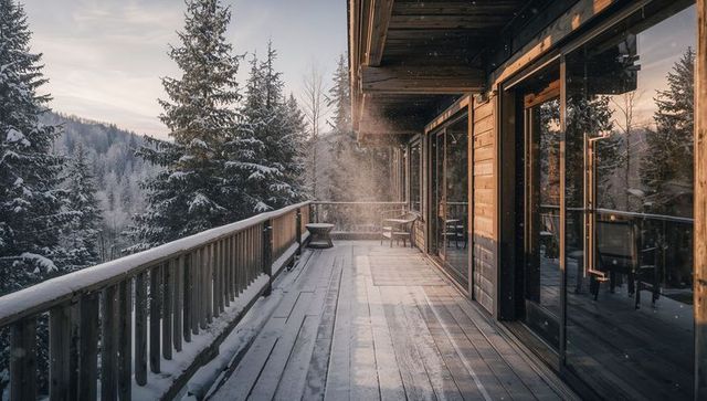 Snow-dusted wooden mountain chalet balcony with glass doors and forest view