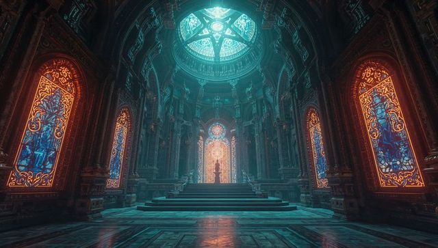 Mystical Cathedra with Stained Glass and Ascending Silhouette
