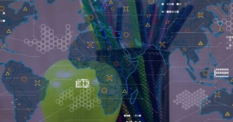 Futuristic global network map with hex grid, data hud overlay and geospatial analytics