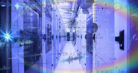 Mathematical equations overlaying data room with rainbow lens flare
