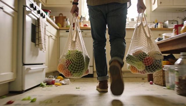 Man Carrying Mesh Grocery Bags Through Cozy Sunlit Kitchen with Fresh Fruits and Veggies