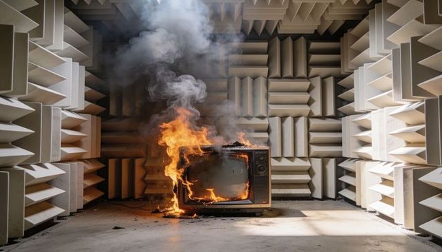 Burning vintage crt television inside anechoic chamber with dramatic flames and smoke