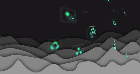 Neon holographic energy icons floating over layered gray waves for teal data dashboard