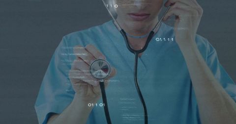 Medical Professional Using Stethoscope with Digital Overlay