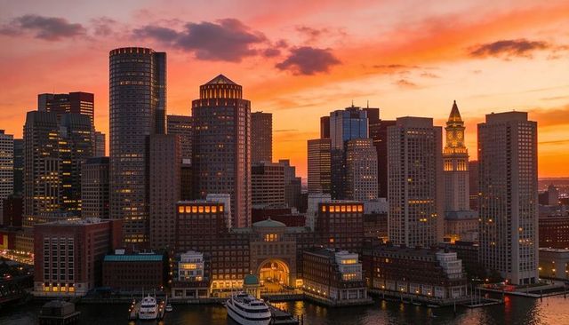 Glowing boston harbor skyline blazing at sunset with iconic clock tower and docked ferries