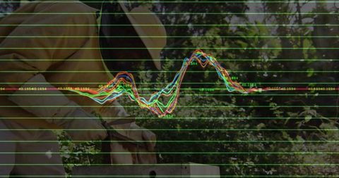 Beekeeper Analyzing Hive surrounded by Digital Graph Overlay