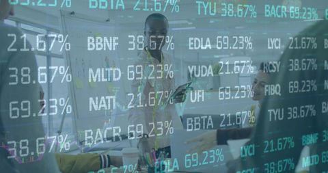 Multiracial Team Discussing Reports with Overlay of Trading Board Data - Download Free Stock Images Pikwizard.com
