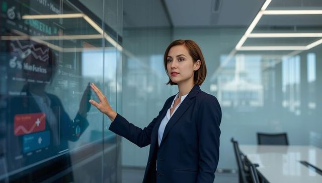 Elegant Professional Analyzing Digital Charts on Interactive Display in Office