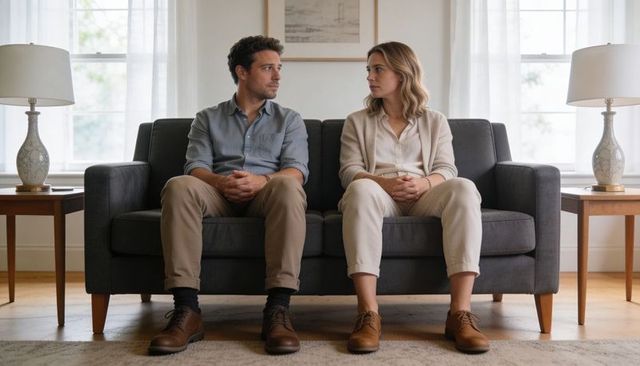 Couple sitting facing each other on gray sofa in neutral living room conveying tension