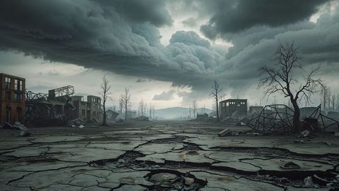 Desolate Post-Apocalyptic Wasteland with Ruined Buildings