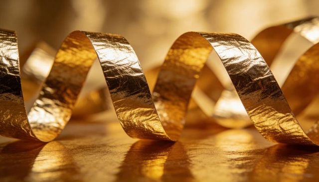 Golden Foil Ribbon Curl with Crinkled Texture, Glossy Reflections and Warm Bokeh