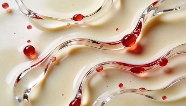 Liquid crystal ribbons with glossy red droplets on pale beige surface