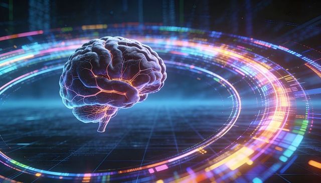 Neon holographic brain hovering within futuristic data rings visualizing ai neural activity