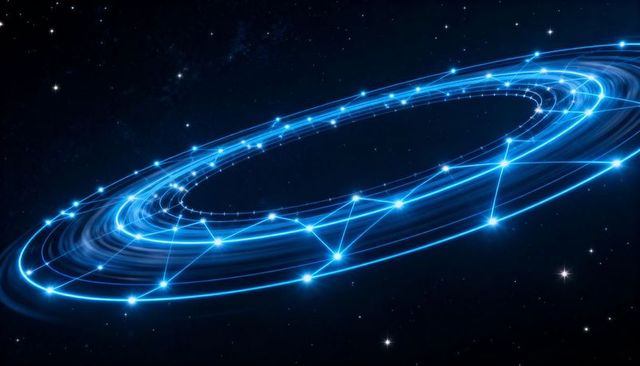 Glowing Futuristic Torus Ring Showing Dynamic Network Nodes and Data Streams in Space