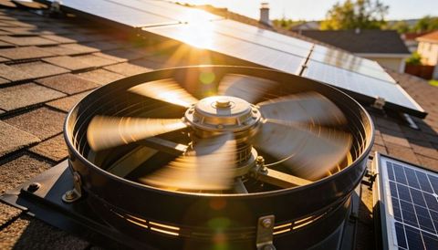 Rooftop vent fan spinning with solar panels glinting at sunset