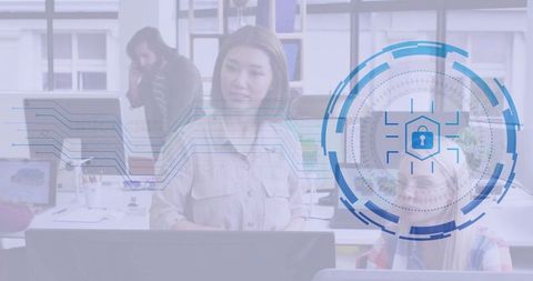 Collaboration in Modern Office with Digital Security Concept Overlay