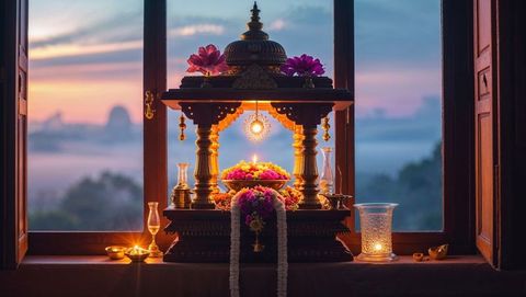 Traditional shrine with illuminated brass oil lamps at sunrise, vishu festival