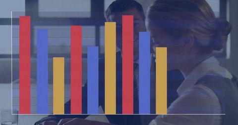 Corporate analytics bar chart overlay on collaborative meeting for presentation visuals