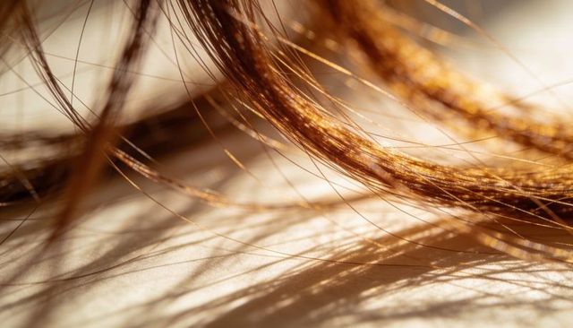 Close-up auburn hair strands catching warm highlights and soft shadow texture