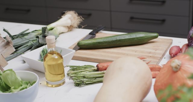 Fresh Vegetables on Kitchen Counter with Olive Oil Bottle - Download Free Stock Images Pikwizard.com