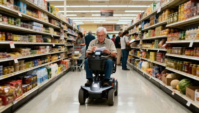 Senior man riding mobility scooter checking shopping list navigating supermarket aisle