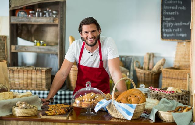Male baker standing behind counter in an artisan bakery, smiling at the camera. Various breads and pastries are displayed on the counter. Ideal for use in marketing materials for bakeries, small business promotions, or food-related content.