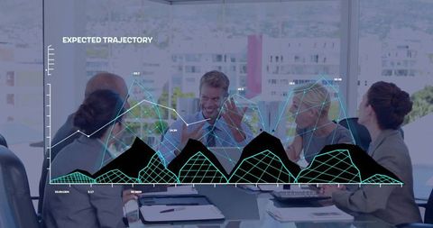 Business Executives Discussing Data Projections with Visualization Overlay