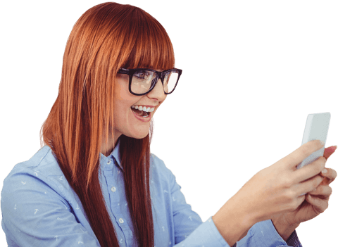 Cheerful Hipster Woman with Transparent Smartphone Engagement