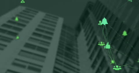 Digital Network Icons Over Modern Urban Skyline