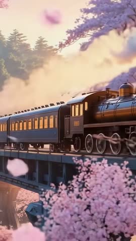 Vintage steam locomotive pulling carriages over bridge at dawn with drifting petals