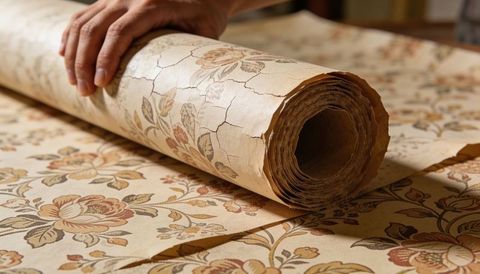 Vintage floral wallpaper roll unrolling with crackled patina and distressed tear detail