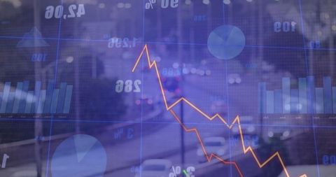 Falling financial graph on urban traffic background illustrating market trends
