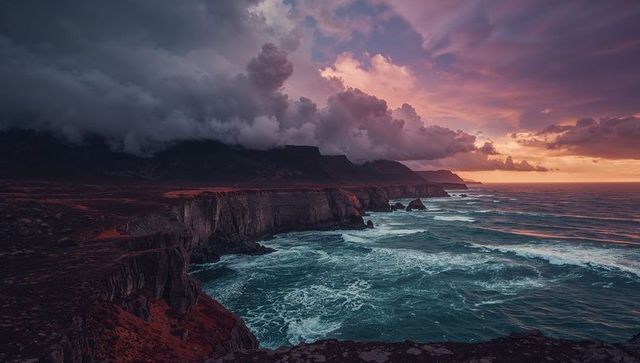 Dramatic Ocean Waves Crashing Against Rocky Cliffs at Dusk