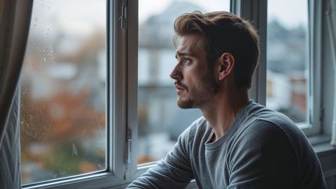 Man Deep in Thought While Gazing Through Rainy Window