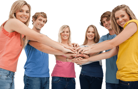 Group of diverse smiling friends with stacked hands transparent background