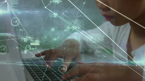 Young Asian Student Typing with Digital Network Overlay