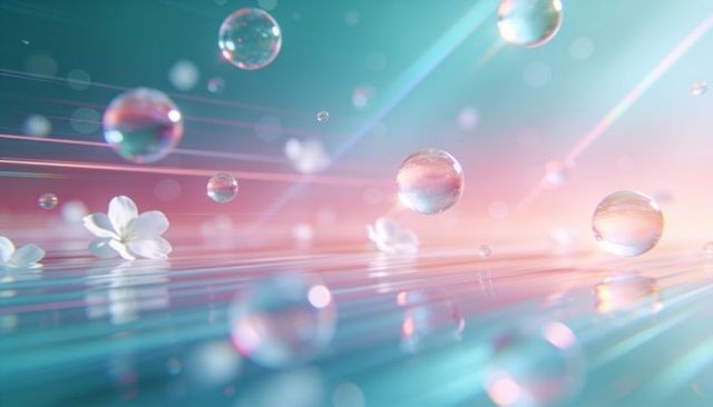 Floating iridescent bubbles and white blossoms over glossy pastel surface, refracting light