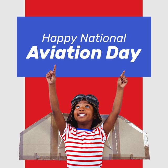 Composite of african american boy wearing aviation hat, wings and happy national aviation day text. Arms raised, childhood, imagination, aviation, patriotism, celebration and awareness concept.