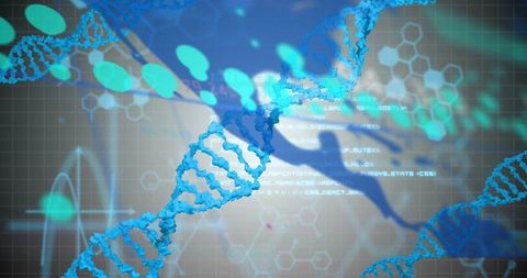 Displaying blue dna double helix crossing gray grid with cyan bokeh, hexagons, ecg waveform