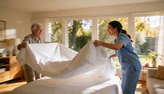 Senior man and caregiver making bed together in sunlit home with garden view