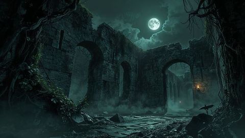 Mysterious Moonlit Forgotten Ruins with Fog and Gothic Archways