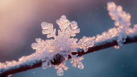 Sunlit Frosty Snowflake on Twig Glimmering in Winter Forest