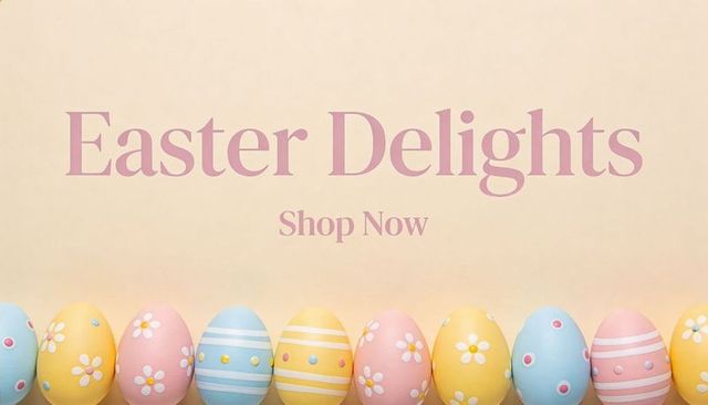 Easter delights banner showcasing pastel decorated egg row with floral stripes and shop now