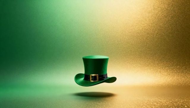 Floating Emerald Top Hat with Black Band and Gold Buckle on Green-Gold Gradient Backdrop