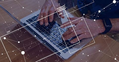 Hands Typing on Laptop with Digital Network Overlay Symbolizing Connectivity