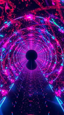 Neon Tunnel Journey Moving Forward Through Confetti-Lit Futuristic Corridor Vertical Video