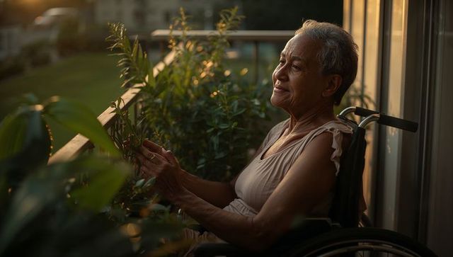 Senior asian woman in wheelchair gardening on sunlit balcony at golden hour, peaceful reflection