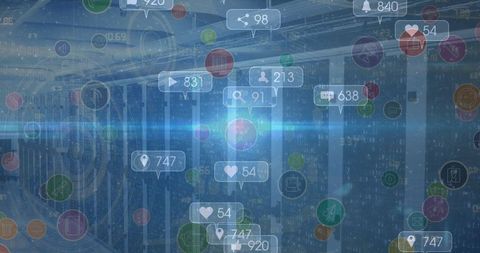 Digital Connections: Server Room Overlayed with Tech Icons - Download Free Stock Images Pikwizard.com