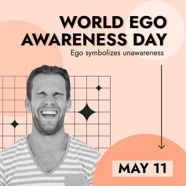 This graphic promotes World Ego Awareness Day, featuring a smiling Caucasian man in front of geometric patterns and text details. The design includes the event date, ideal for social media, mental health campaigns, and promotional materials for awareness events.